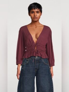 Free People Cotton Linen Tie Front Blouse Size S Burgundy Cropped Boho Top NWT